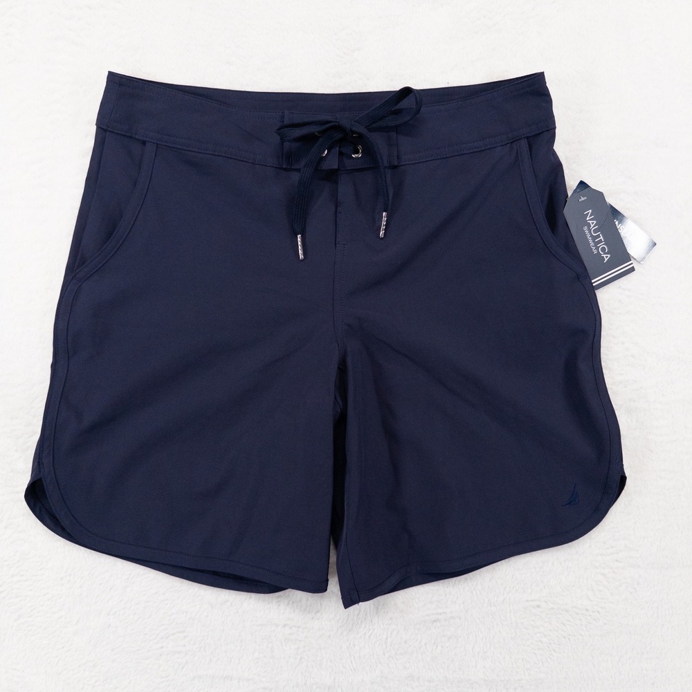 Nautica Womens Board Shorts Size Small Navy Blue Drawstring Swim Trunks Pockets